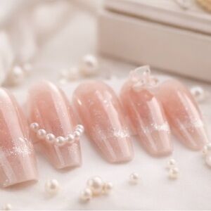 3D Pearl Butterfly Press On Nails Nude Glitter Coquette Bridal Medium Set